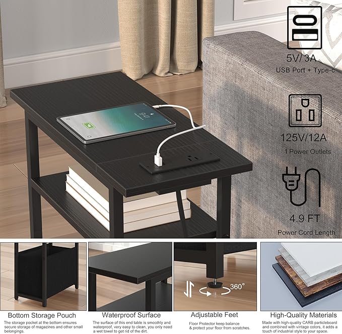 Narrow Side Table with Charging Station Set of 2, Small End Table - Image 5