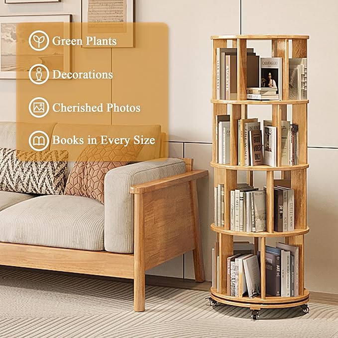 4 Tier Rotating Bookshelf Tower, 360 Spinning Bookcase Carousel - Image 5