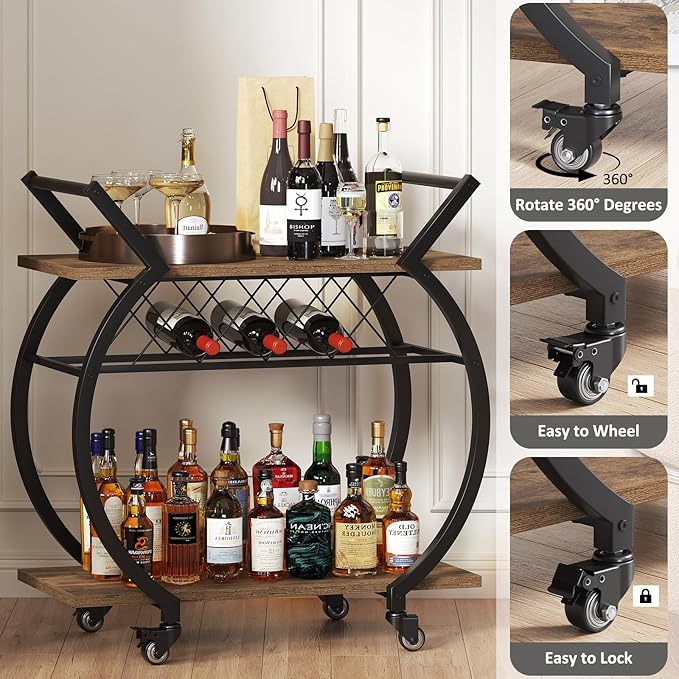 LVB Industrial Kitchen Bar Cart, Farmhouse Beverage Serving Liquor Cart - Image 5