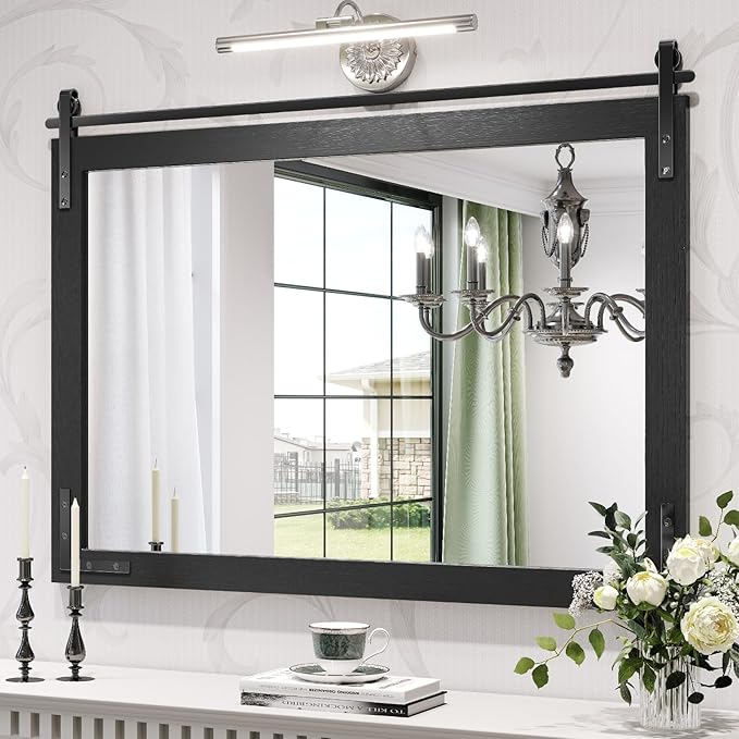 Farmhouse Mirror 40x30 Inch, Wood Framed Rectangular Wall Decorative Mirrors by Mestikits