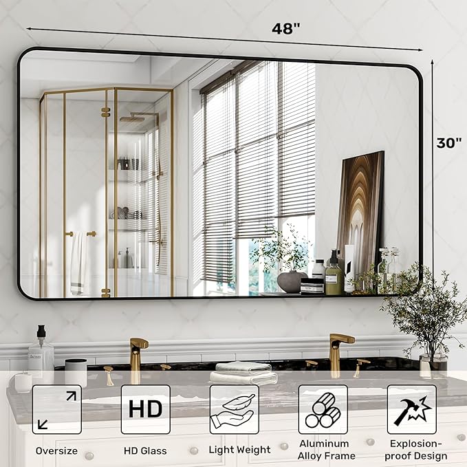 30 x 48 Inch Bathroom Mirror, Rounded Rectangular Vanity Mirror - Image 4