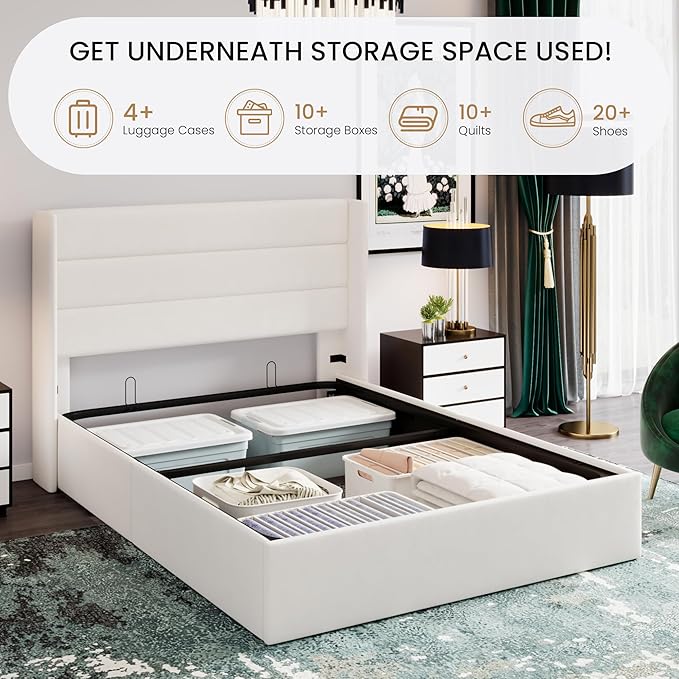 SHA CERLIN Full Size Lift Up Storage Bed/Velvet Upholstered/Modern Wingback - Image 4