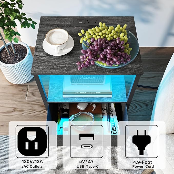 TUTOTAK LED End Table with Charging Station, Nightstand with Cloth Drawer - Image 4