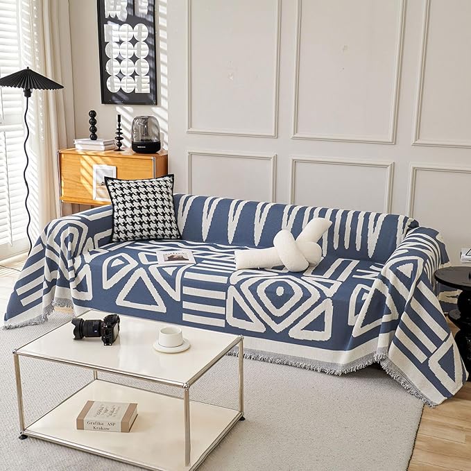STACYPIK Boho Chenille Blue Sofa Cover L Shaped Couch Cover Reversible Couch - Image 2