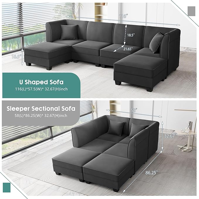 Shintenchi 6 Pieces Sectional Couch Modular Sofa, U Shaped Reversible Chaise - Image 7
