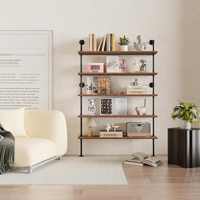 Industrial Ladder Shelves, Wall Mounted Rustic Bookshelf, Retro Wood Metal Pipe by ANYNICE