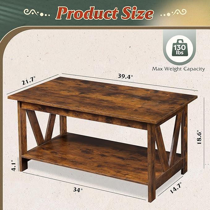 WLIVE Coffee Table with Storage Shelf, 39.4" Farmhouse Coffee Table with - Image 3