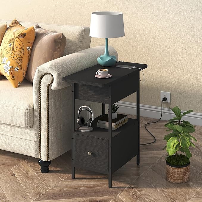 SOOWERY End Table with Charging Station, Narrow Side Table with Flip Top - Image 2