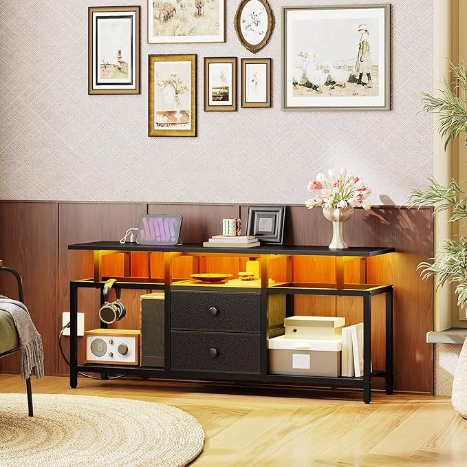 TV Stand with LED Light and Power Outlets, Entertainment Center with Fabric - Image 8