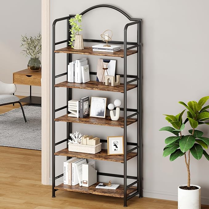 No-Assembly Folding Bookshelf Storage Shelves 5 Tiers Vintage Multifunctional - Image 4