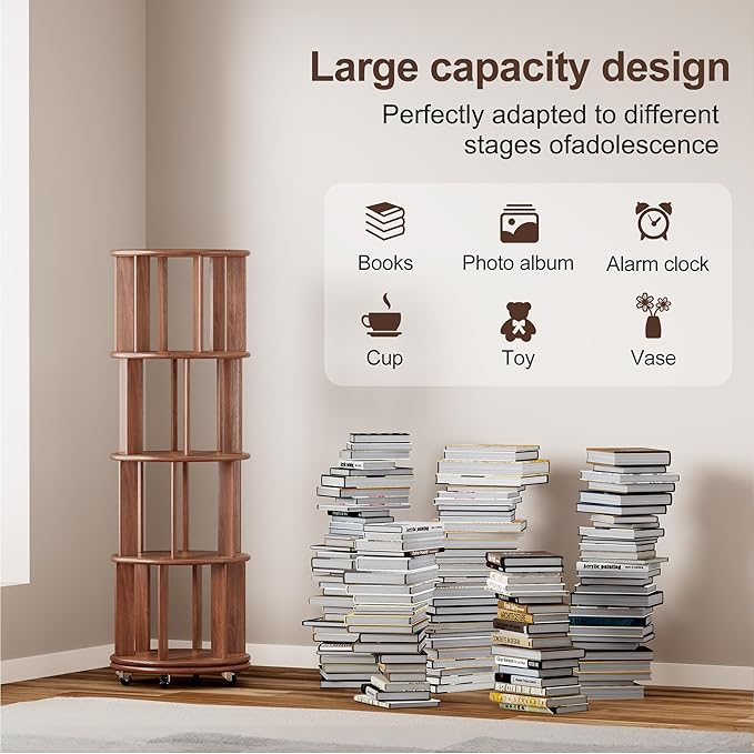 KEIKI Solid Wood 4 Tier Rotating Bookcase, Round Revolving Bookshelf - Image 4