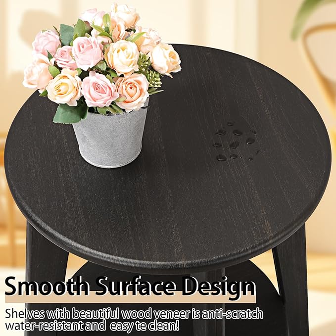 Round Side Table Black Gold Wooden End Table - Image 8