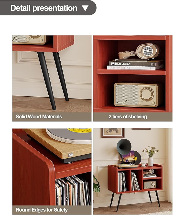 Record Player Stand with Vinyl Storage, Turntable Stand with Solid Wood Legs - Image 8