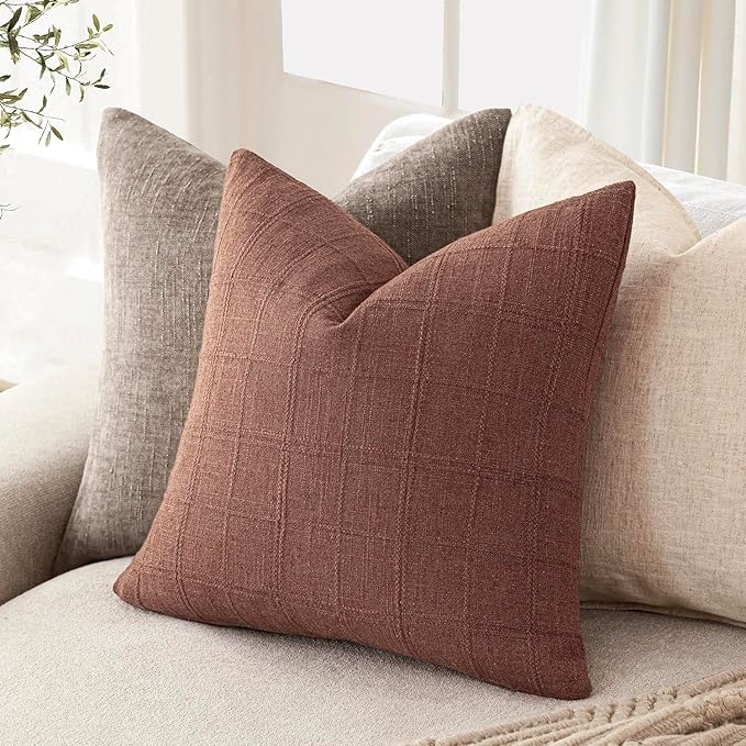 Foindtower Set of 2 Decorative Linen Check Throw Pillow Covers Neutral - Image 5