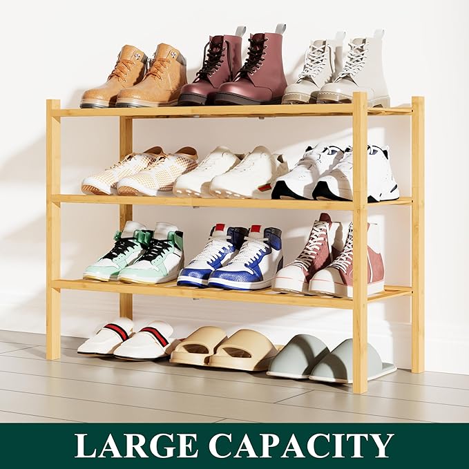 Smiry Shoe Rack, 3 Tier Bamboo Shoe Organizer, Stackable Free Standing Wooden - Image 5