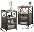 VECELO Oak Gray End Table with USB Ports and Outlets, 24 Inch Nightstands with by VECELO