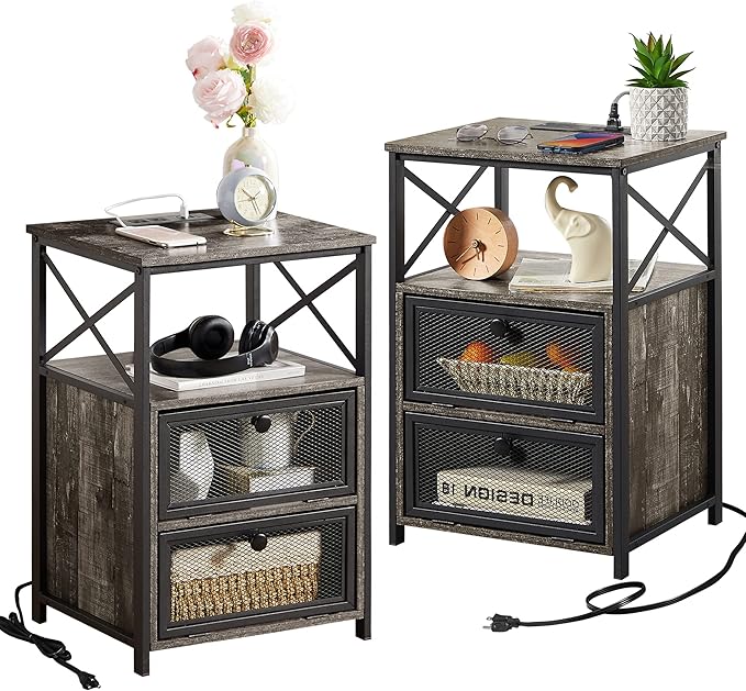 VECELO Oak Gray End Table with USB Ports and Outlets, 24 Inch Nightstands with by VECELO