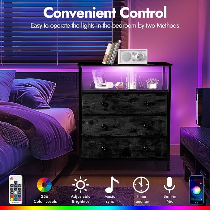 3 Drawers Dresser with Charging Station, 24 Inch Wide LED Night Stand with - Image 5