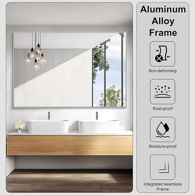 KOCUUY Large Silver Bathroom Mirror, 60x40 inch Rectangular Mirror - Image 7
