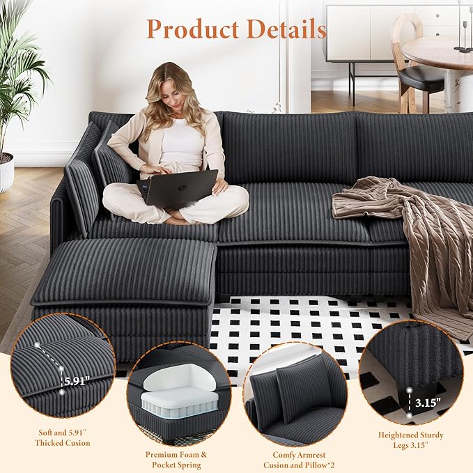 Vesgantti 143" U Shaped Sectional Modular Couch, Comfy Corduroy Upholstered - Image 3