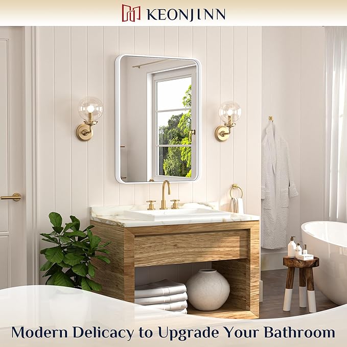 Keonjinn White Framed Mirrors for Bathroom 20 x 30 Inch Rounded Rectangle - Image 2