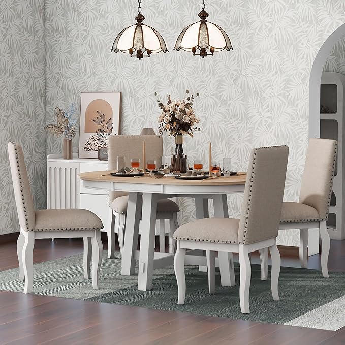 5 Pieces Dining Table Set with 43" Round Extendable Desk, Living Room Furniture - Image 4