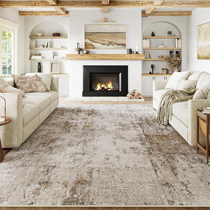 9x12 Washable Area Rug Brown Grey Neutral Abstract Living Room Bedroom Large by WondRg