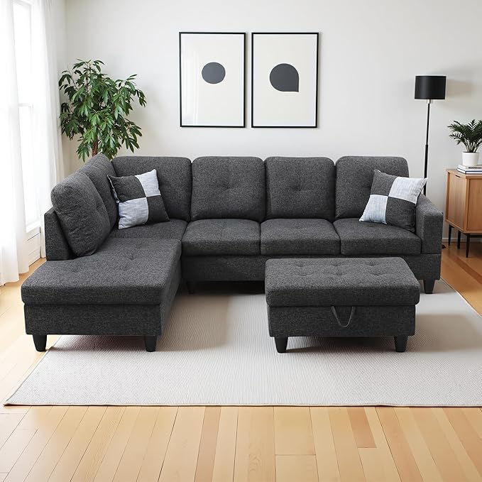 L Shaped Couch Modern Sectional Couch Upholstered Flannel Fabric 3 Pieces Sofas by LynginsCreativeLife