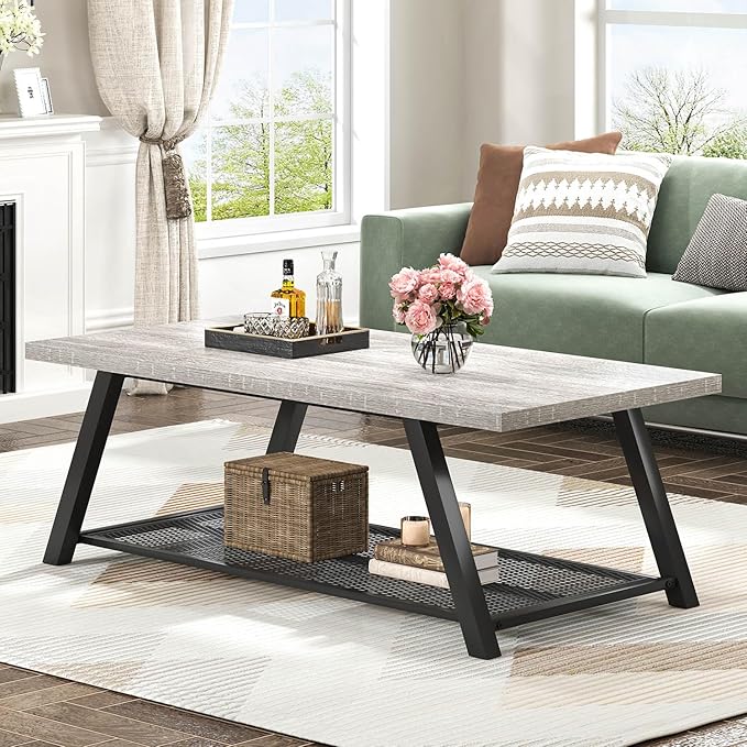 FOLUBAN Industrial Coffee Table, Rustic Wood and Metal Center Table by FOLUBAN