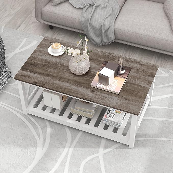 Farmhouse Coffee Table, 2-Tier Rectangular Wooden Centre Cocktail Table - Image 3