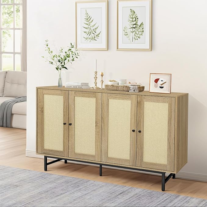 Sideboard Buffets Cabinet with 4 Rattan Doors, Large Storage Accent Cabinet - Image 2