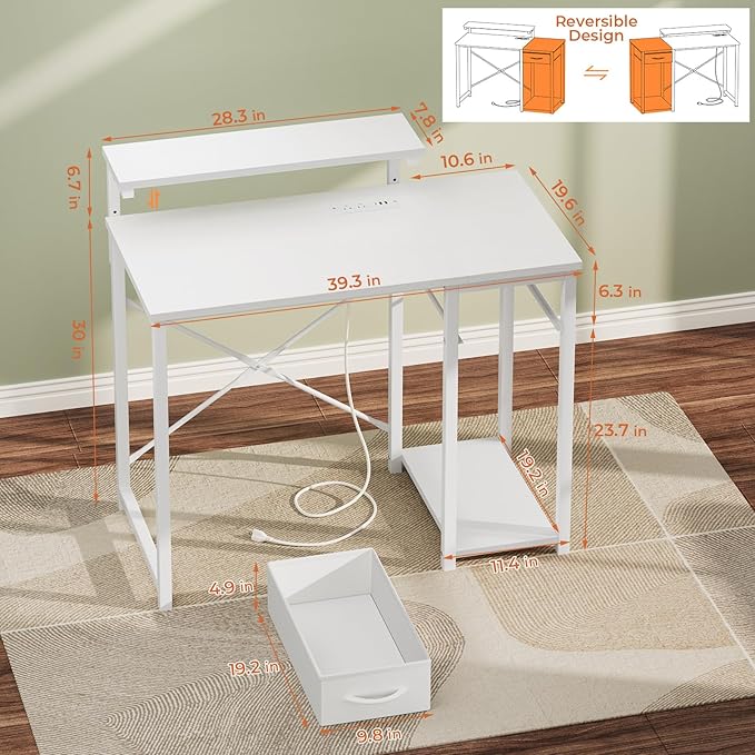 Computer Desk with Adjustable Monitor Stand, 39.4 in Small Desk with Reversible - Image 2