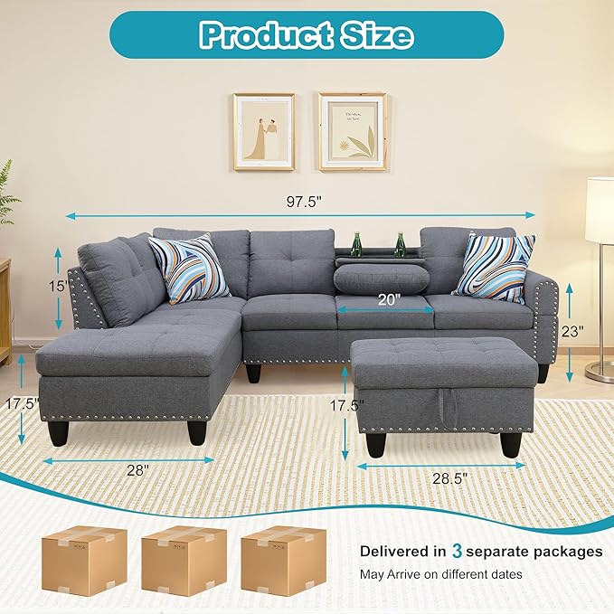 L Shaped Couch Modern Sectional Couch Upholstered Linen Fabric 3 Pieces Sofas - Image 2