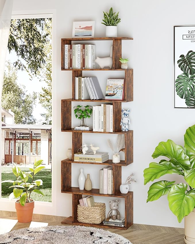 Yusong Geometric Bookcase, Bookshelf 6-Tier S Shaped Book Shelves - Image 2