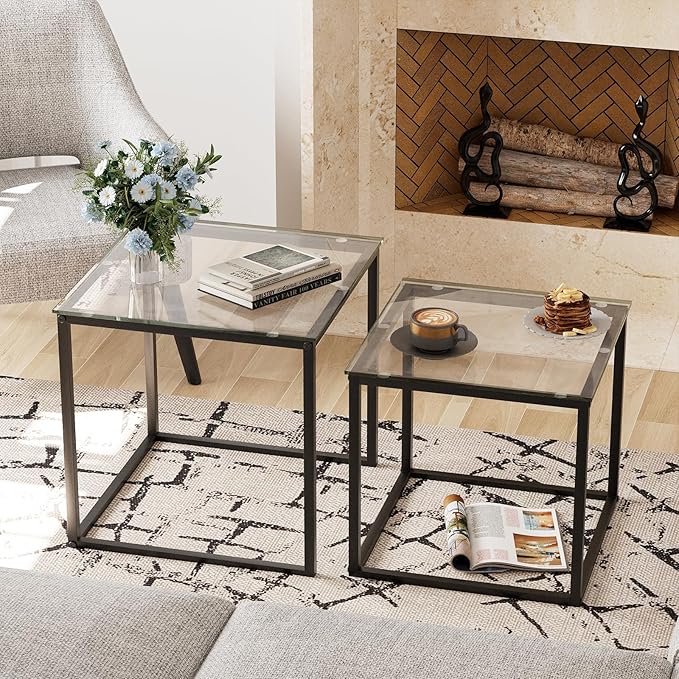 Garden 4 you Coffee Table Set of 2, Modern Glass Nesting Table, Metal Frame by Garden4you