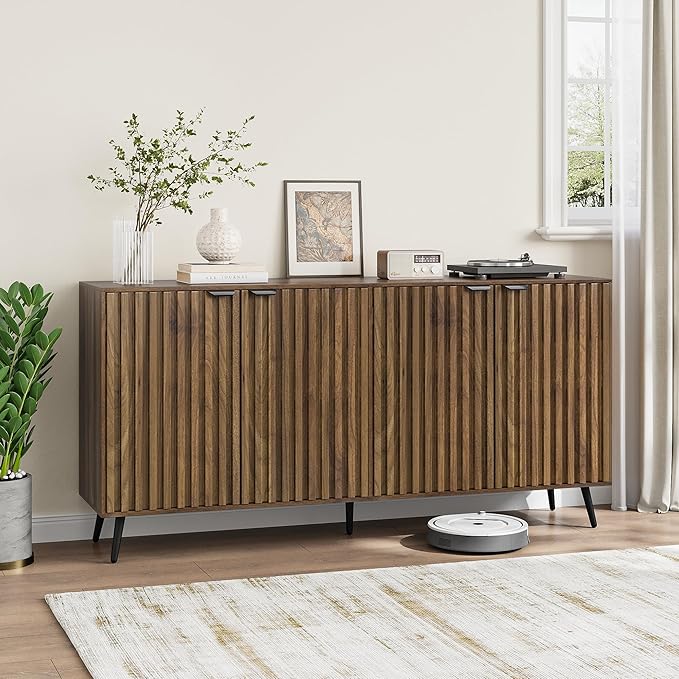Smuxee 63" Fluted Sideboard Cabinet, Freestanding Walnut Buffet Cabinet - Image 9