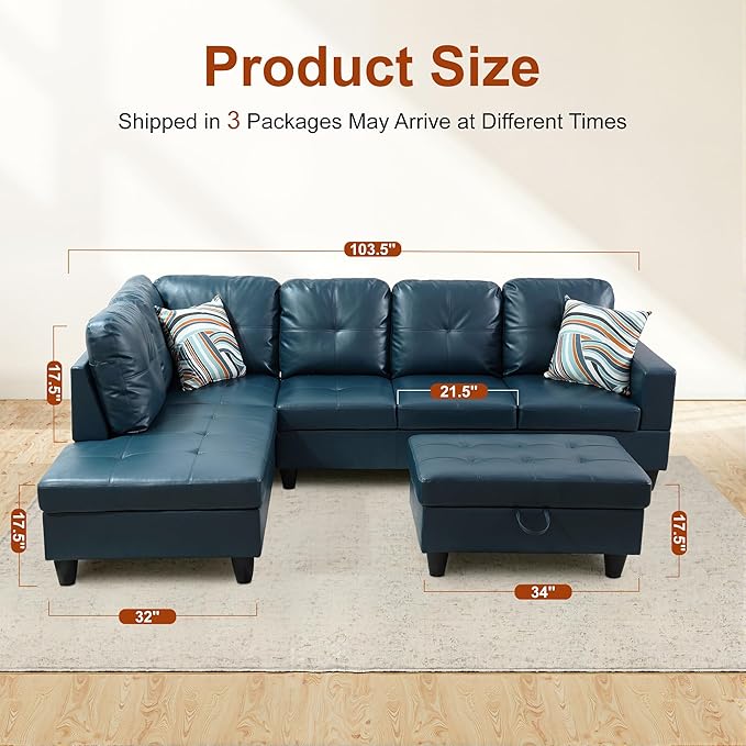 Osparple Sectional Couches for Living Room PU Leather L Shaped Couch 3 Pieces - Image 2