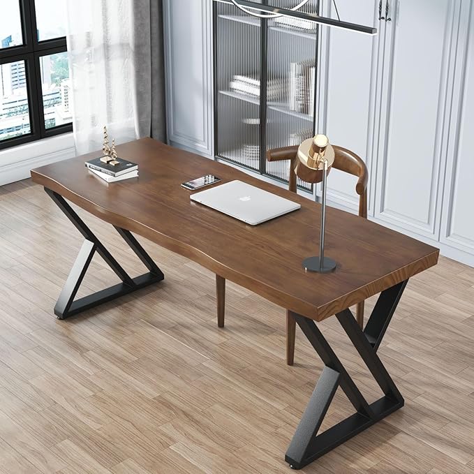 Solid Wood Desk 55 inches Wide Home Office Desk, Metal Modern Industrial - Image 3