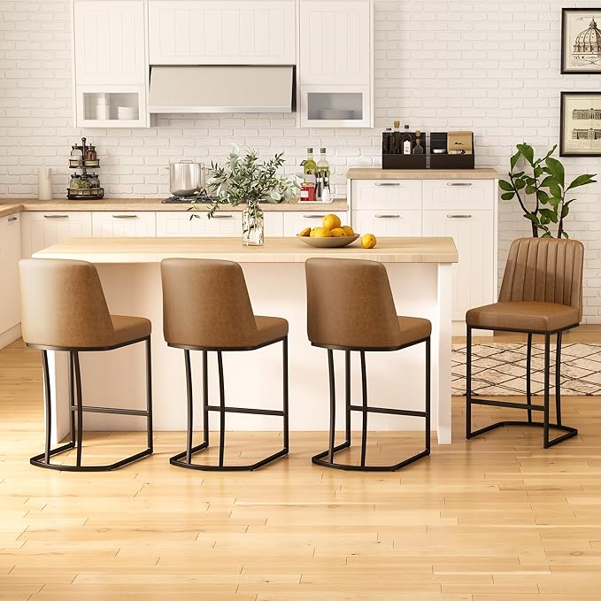 Counter Height Bar Stools Set of 4, Upholstered Leather Barrel Barstools by ErdoruLiving