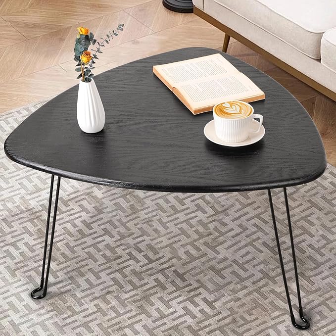 Black Folding Coffee Table Wooden Triangle Floor Table Desk - Image 2