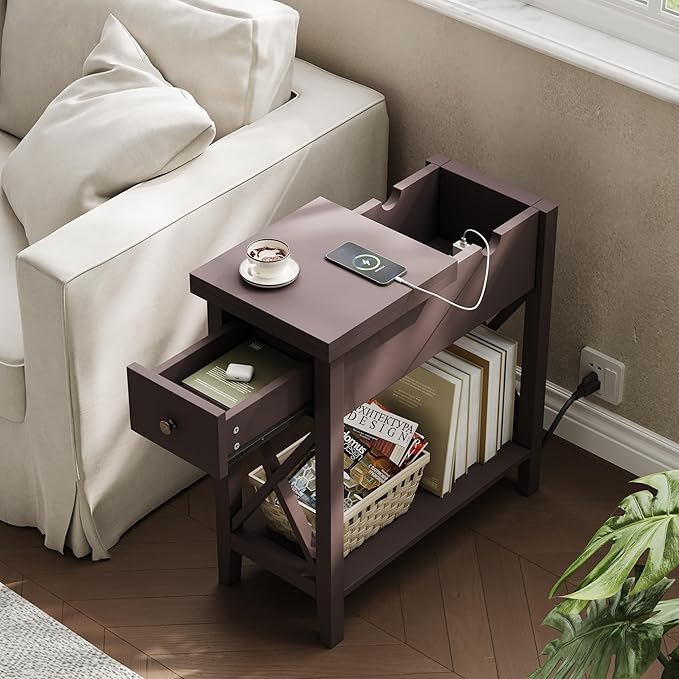ChooChoo End Table with Charging Station, Narrow Side Table with USB Ports and - Image 2