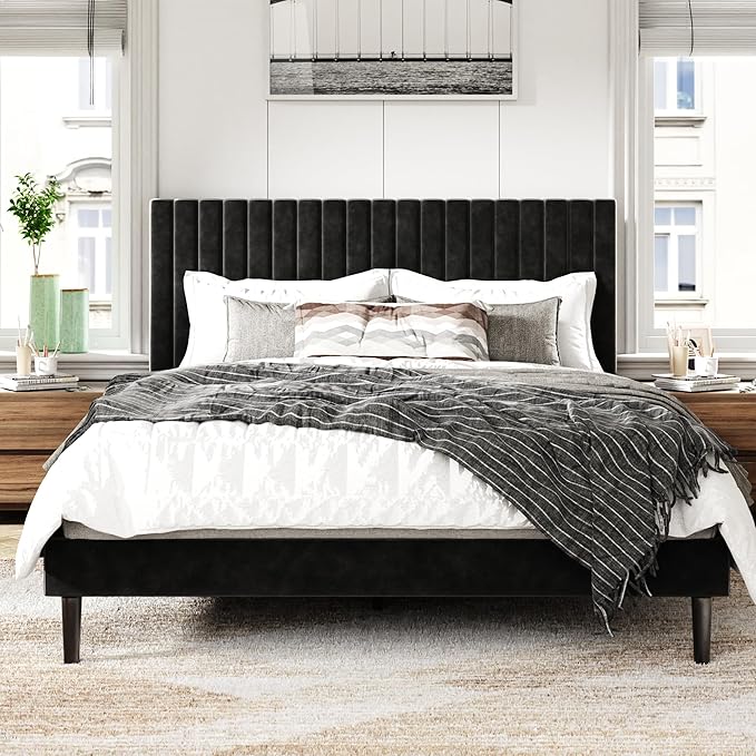 Queen Size Bed Frame with Velvet Upholstered Headboard, Platform Bed with by SISMPLLY
