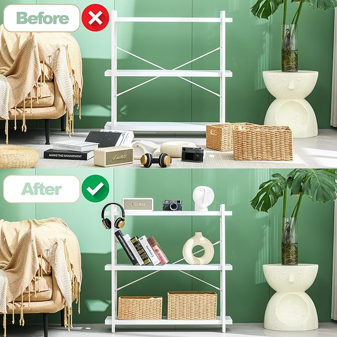 HCHQHS Bookshelf, 3-Tier Industrial Bookcase, Freestanding Horizontal - Image 4