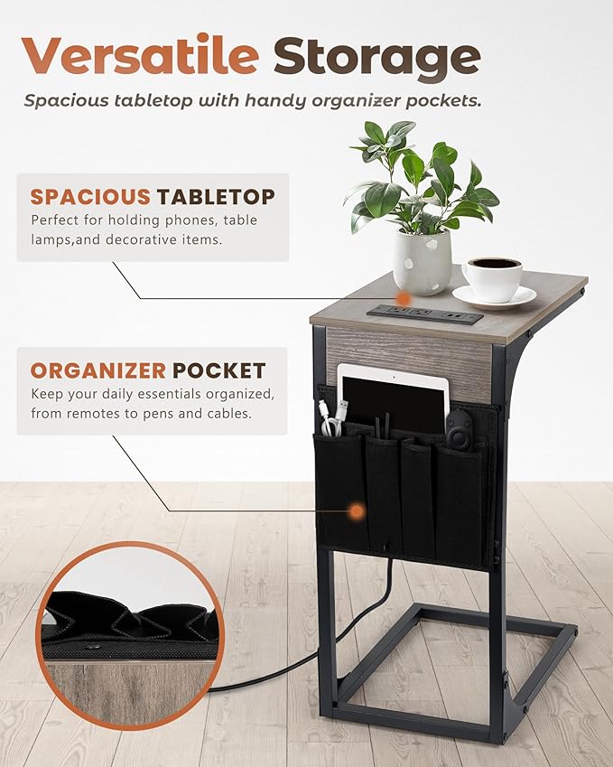 C Shaped End Table with Charging Station, Couch Side Table with Storage Pocket - Image 4