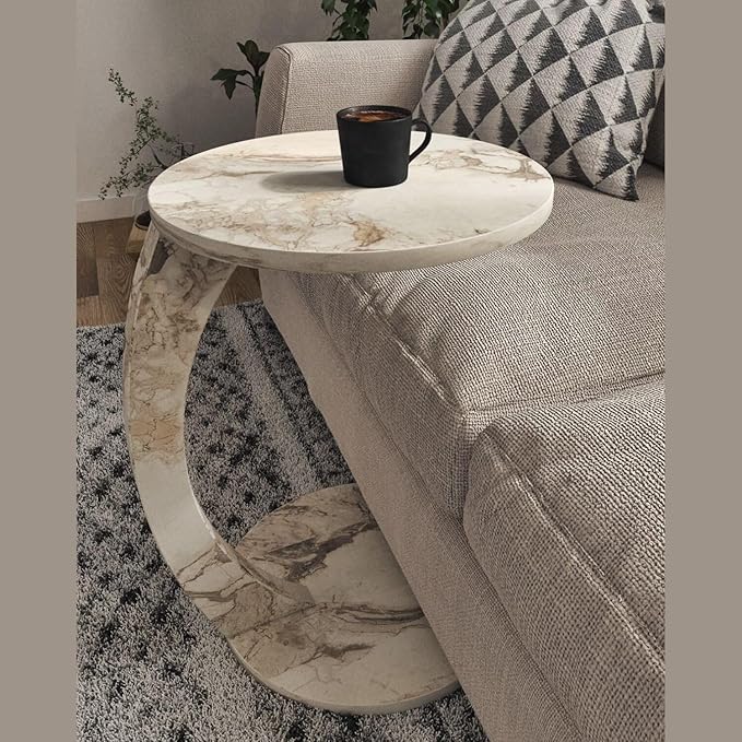 C Shaped End Table for Couch Small Places, Faux Marble White Space Saver Round - Image 5