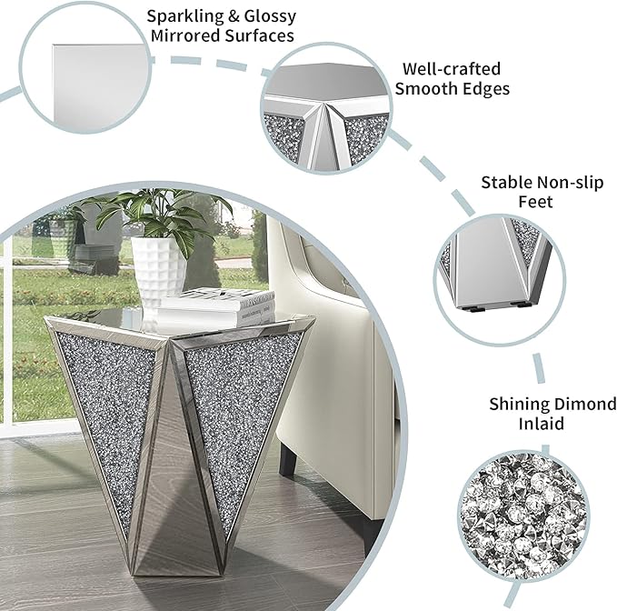 ENENE 19.7" Mirrored End Table Crystal Diamond Setting Coffee Table Silver - Image 7