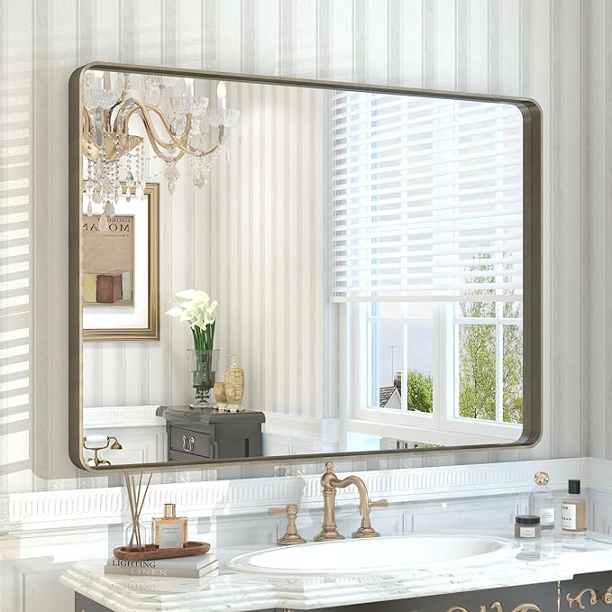 44x30 Bronze Bathroom Mirror, Brushed Metal Bathroom Vanity Mirrors by CHARMOR