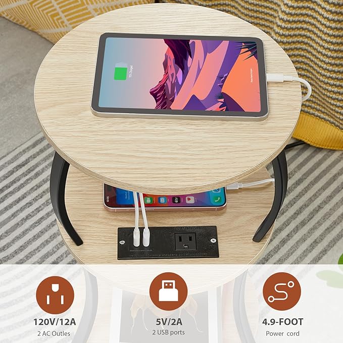 Small Round Side Table with Charging Station, 3-Tier Waist Circular End Table - Image 8