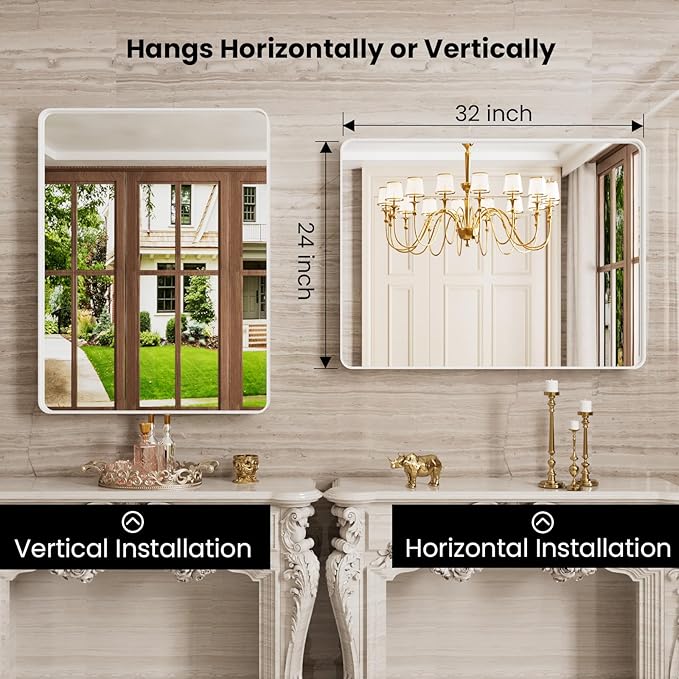 White Bathroom Mirror 24x32 Inch, Rounded Rectangle Matte Bathroom Vanity Mirror - Image 3