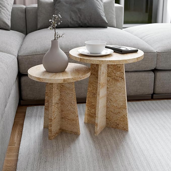 Travertine Efect Round Nesting Coffee Table Set of 2 Modern Coffee Table Small - Image 6